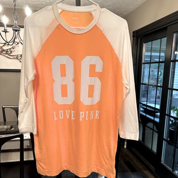 PINK Victoria's Secret NWOT Orange and white 3/4 Sleeve Campus Tee Shirt XS - Picture 2 of 4